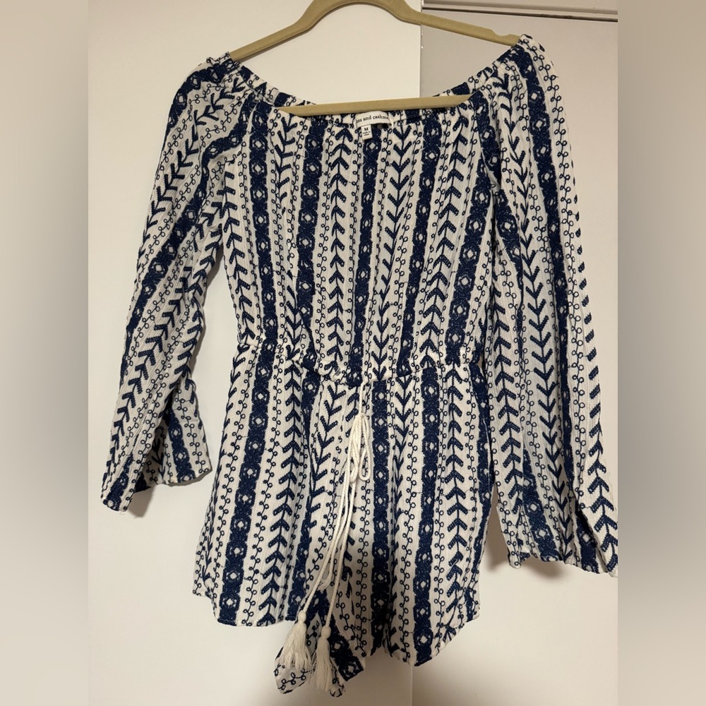 Blue and White Patterned Long Sleeve Romper